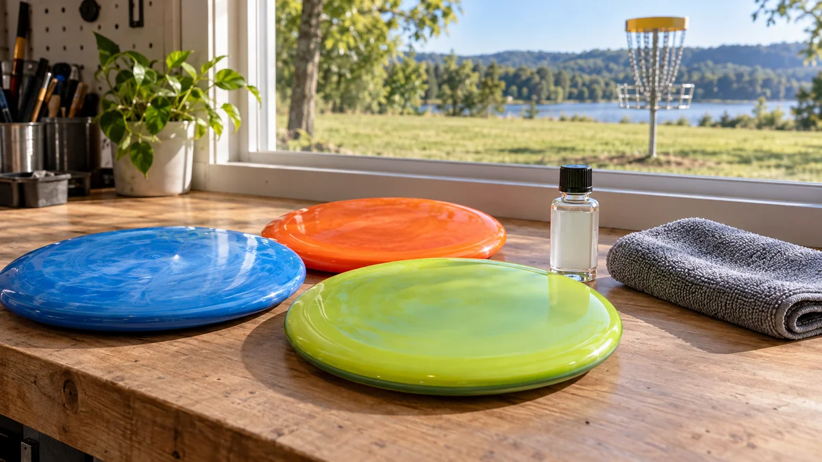 Disc golf discs, a microfiber cloth, and a detailing bottle on a workbench with a basket outside