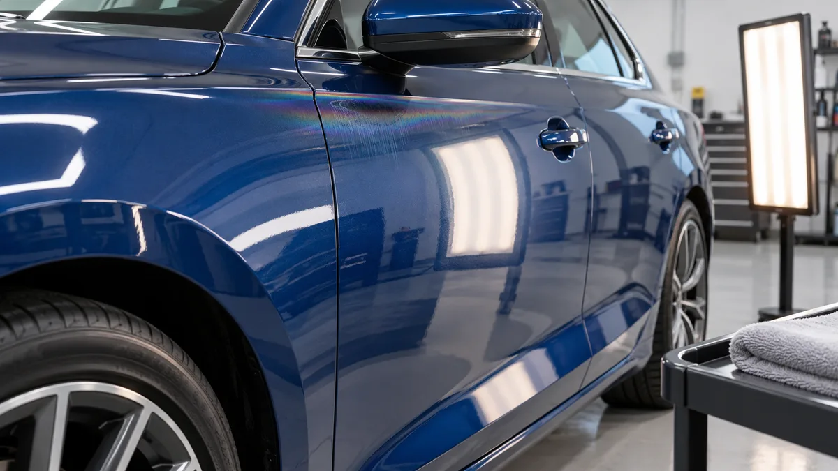 Illustration of an inspection light revealing uneven coating residue on a blue car door