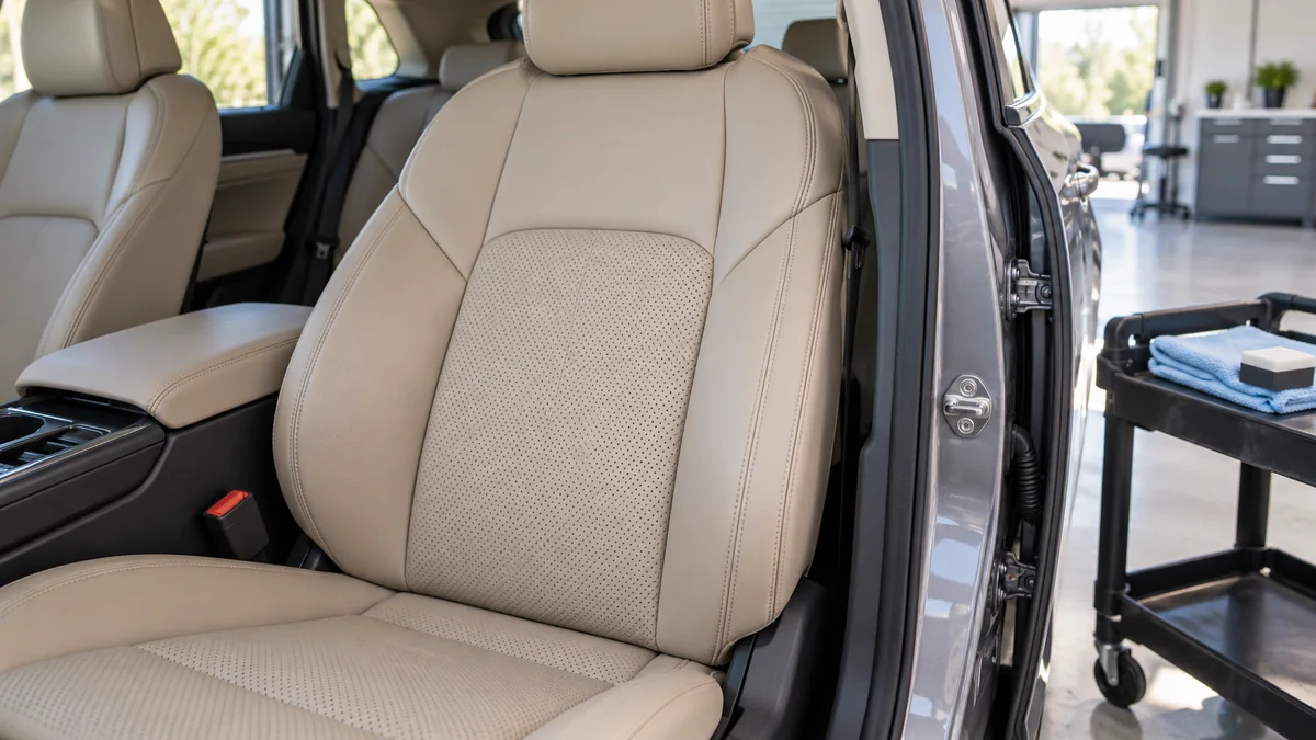 Illustration of a light tan car seat with perforated leather beside a detailing towel and applicator