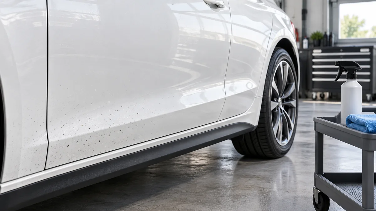 Illustration of road-tar specks on a white car door above black trim, with a detailing bottle and microfiber towel nearby