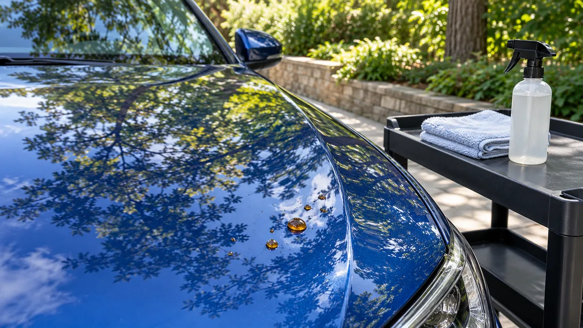 Illustration of small amber resin droplets on a blue car hood beside a detailing cart with a towel and unlabelled bottle