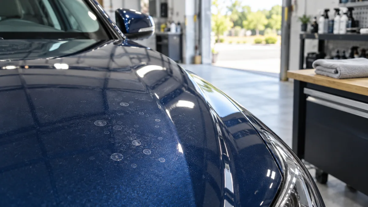 Illustration of mineral water marks on a dark blue car hood in a detailing bay